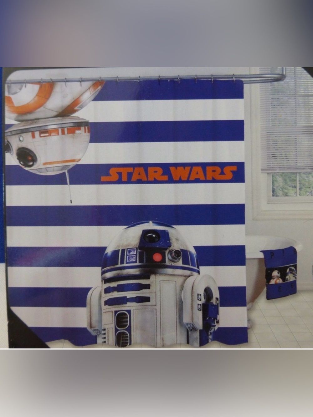 Star Wars Kids Shower Curtain - Blue & White Stripes with R2-D2 and BB-8